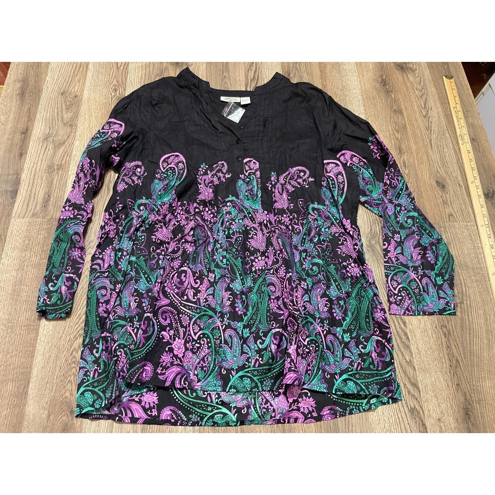 Collections ETC Shirt, Women's XL, Black Green Purple Paisley Long Sleeve V-neck